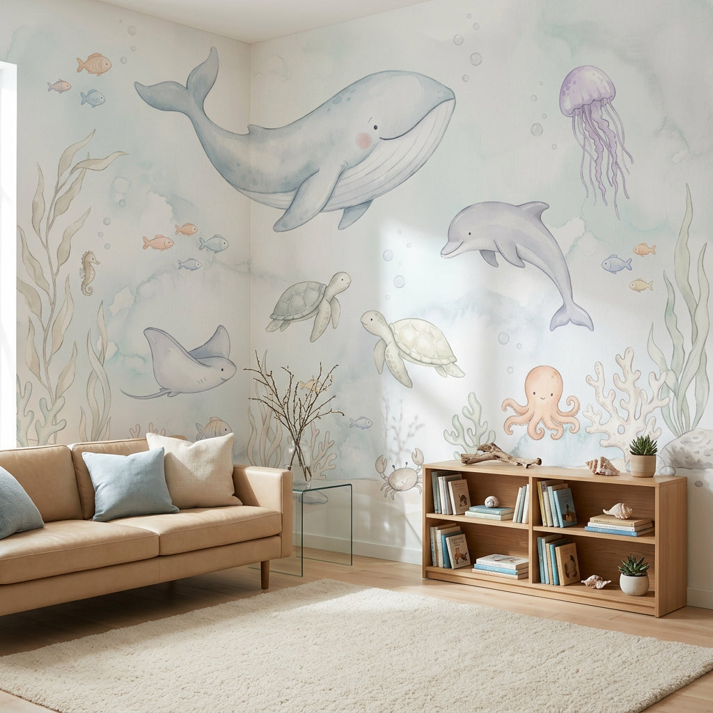 Underwater Wallpaper Ocean Animals Pastel Watercolor Wall Mural