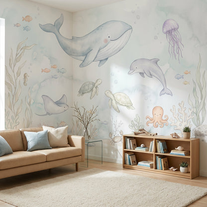 Underwater Wallpaper Ocean Animals Pastel Watercolor Wall Mural