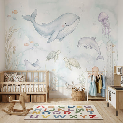Underwater Wallpaper Ocean Animals Pastel Watercolor Wall Mural