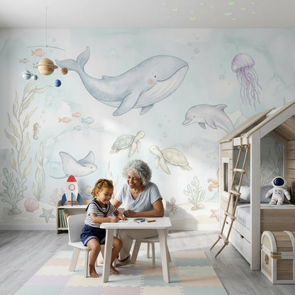Underwater Wallpaper Ocean Animals Pastel Watercolor Wall Mural