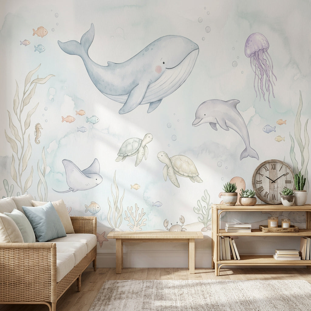 Underwater Wallpaper Ocean Animals Pastel Watercolor Wall Mural