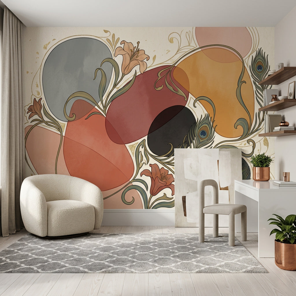 Muted Green Wallpaper Art Nouveau Peacock Feather Wall Mural