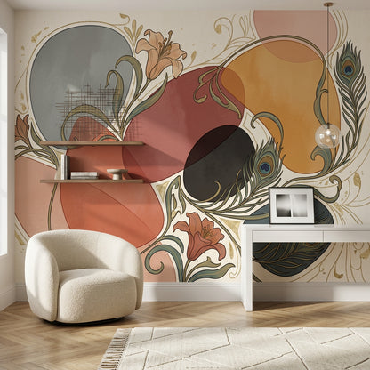 Muted Green Wallpaper Art Nouveau Peacock Feather Wall Mural