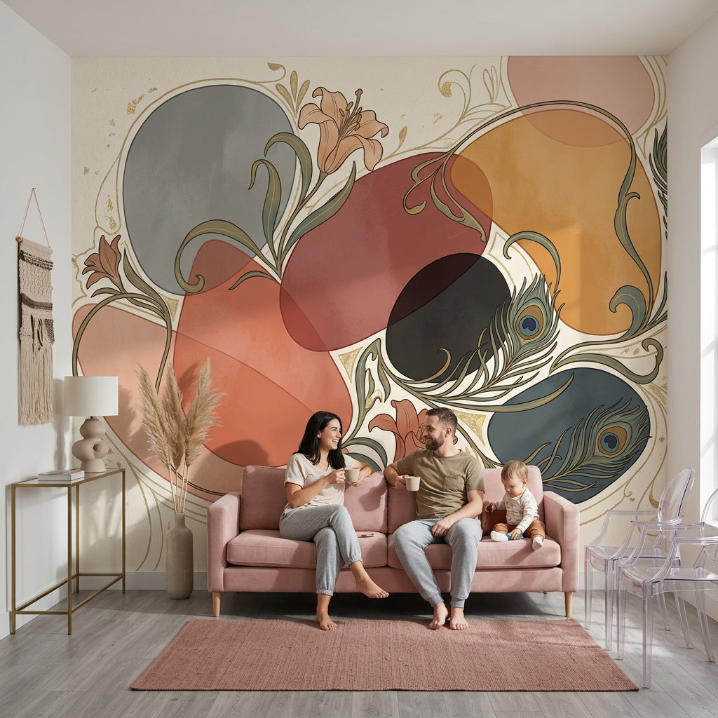 Muted Green Wallpaper Art Nouveau Peacock Feather Wall Mural