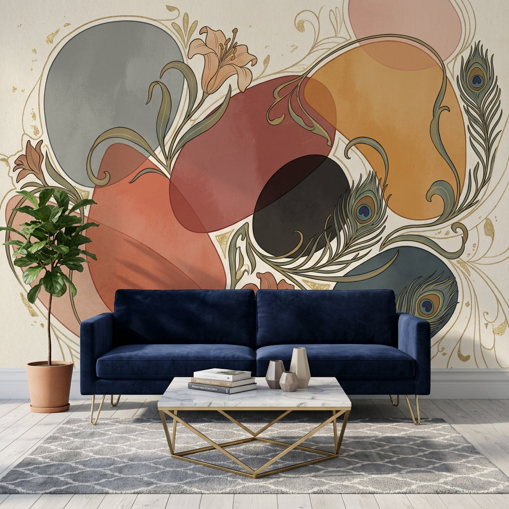 Muted Green Wallpaper Art Nouveau Peacock Feather Wall Mural
