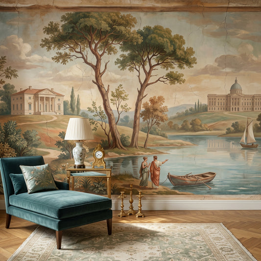 Classical Landscape Mural Wallpaper Vintage Fresco Removable Neoclassical Villa Wall Decor