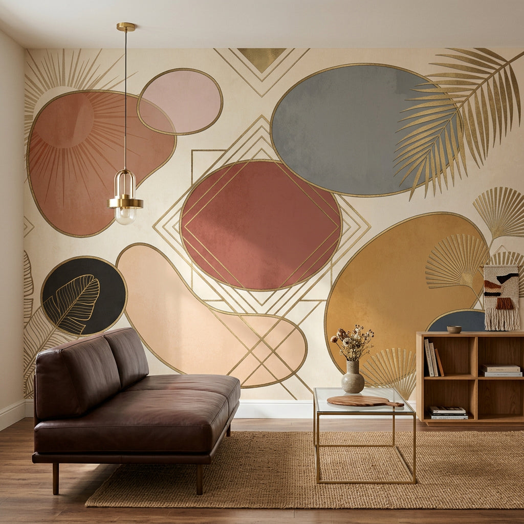 Abstract Geometric Wallpaper Art Deco Gold Linework Wall Mural
