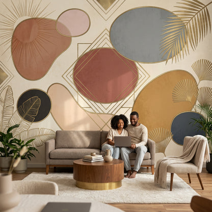 Abstract Geometric Wallpaper Art Deco Gold Linework Wall Mural