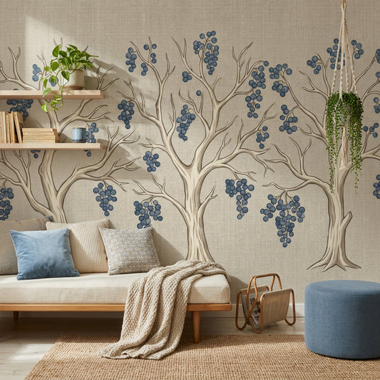 Stylized Trees Wallpaper Blue Berry Clusters Vintage Folk Art Removable Wall Decor