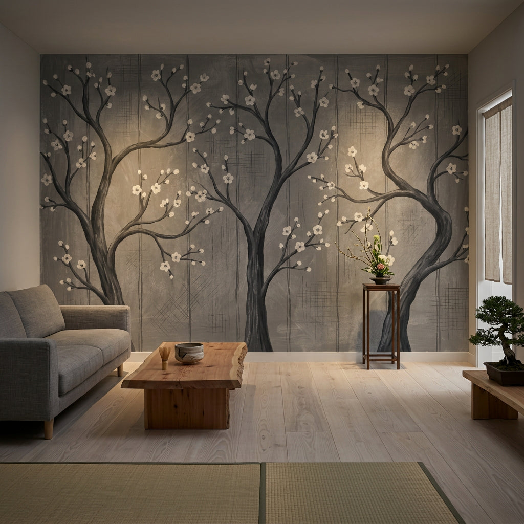 Tree Silhouette Wallpaper Blossom Branches Gray Removable Wall Decor