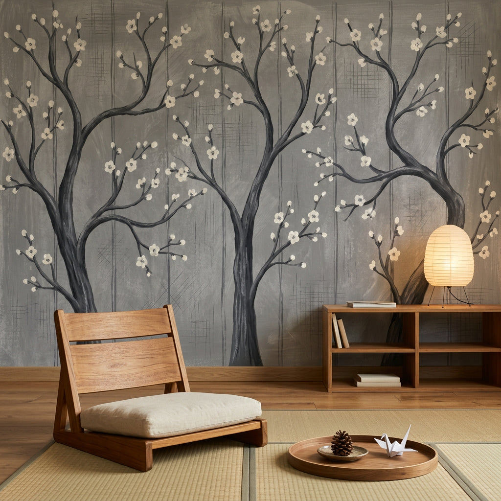 Tree Silhouette Wallpaper Blossom Branches Gray Removable Wall Decor