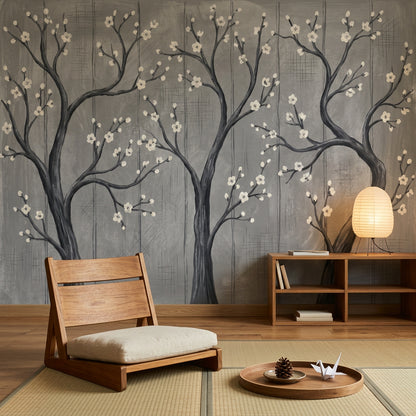 Tree Silhouette Wallpaper Blossom Branches Gray Removable Wall Decor