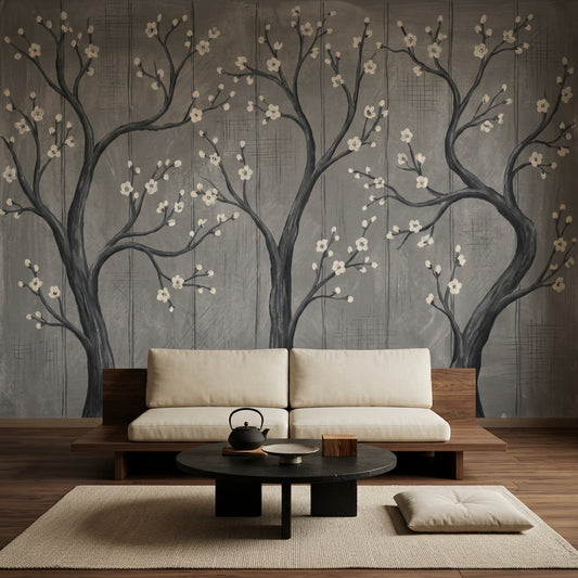 Tree Silhouette Wallpaper Blossom Branches Gray Removable Wall Decor