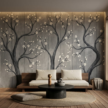 Tree Silhouette Wallpaper Blossom Branches Gray Removable Wall Decor
