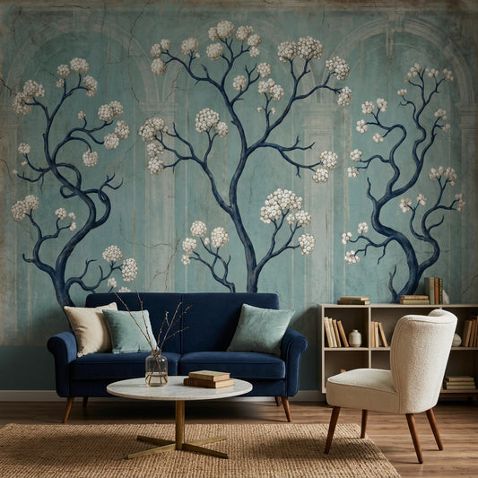 Floral Tree Mural Wallpaper White Blossoms Removable Vintage Fresco Wall Decor