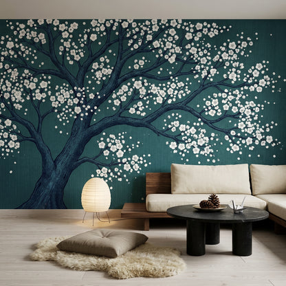 Cherry Blossom Tree Wallpaper Dark Teal Background Japanese Inspired Removable Wall Decor