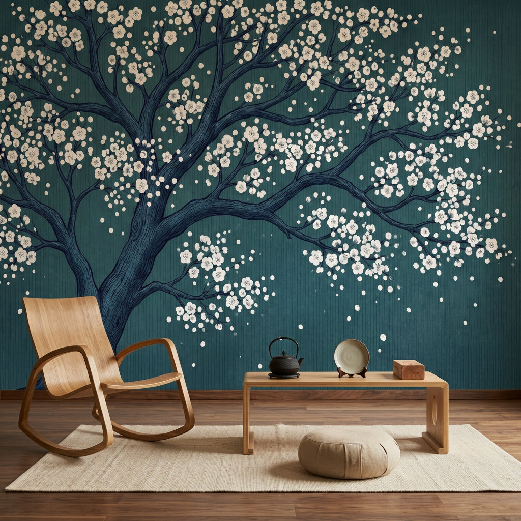 Cherry Blossom Tree Wallpaper Dark Teal Background Japanese Inspired Removable Wall Decor