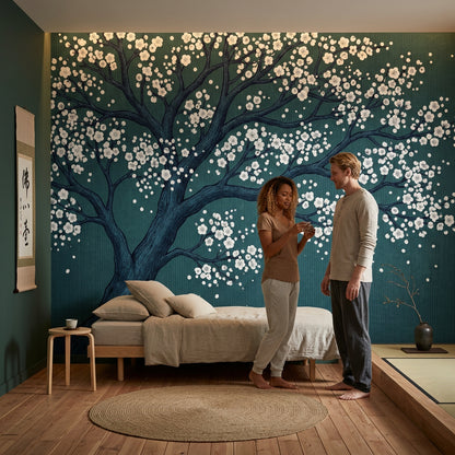 Cherry Blossom Tree Wallpaper Dark Teal Background Japanese Inspired Removable Wall Decor