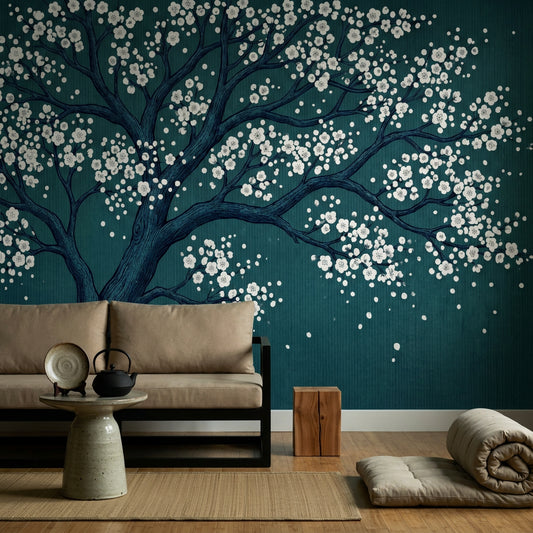 Cherry Blossom Tree Wallpaper Dark Teal Background Japanese Inspired Removable Wall Decor