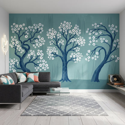 Stylized Trees Wallpaper White Blossoms Teal Blue Background Wall Mural