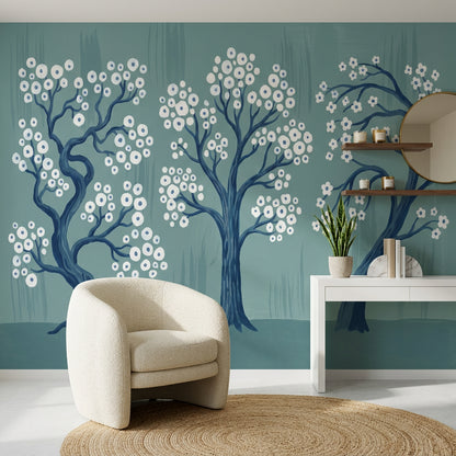 Stylized Trees Wallpaper White Blossoms Teal Blue Background Wall Mural