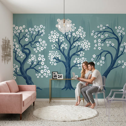 Stylized Trees Wallpaper White Blossoms Teal Blue Background Wall Mural