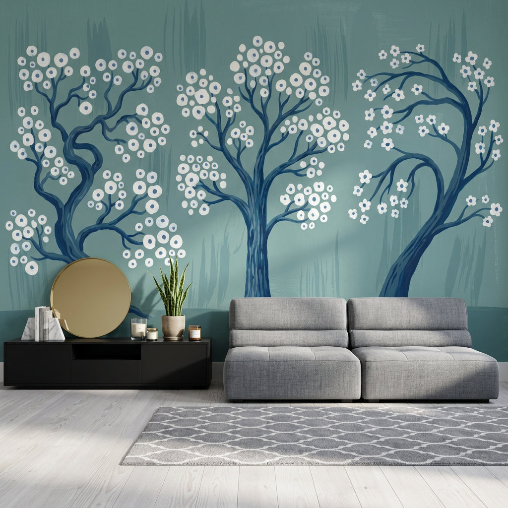Stylized Trees Wallpaper White Blossoms Teal Blue Background Wall Mural