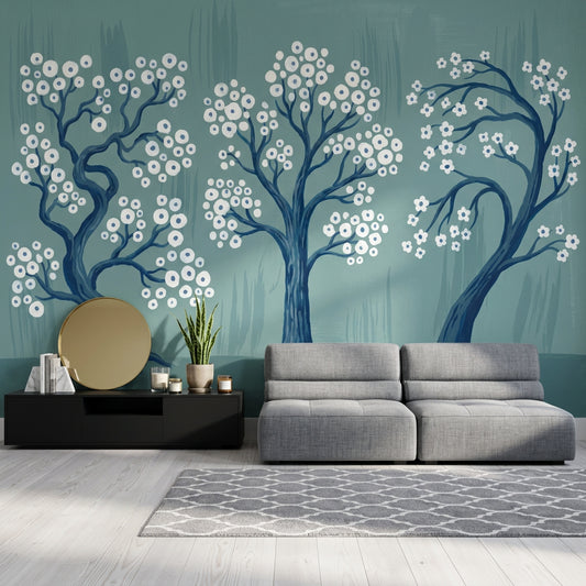 Stylized Trees Wallpaper White Blossoms Teal Blue Background Wall Mural