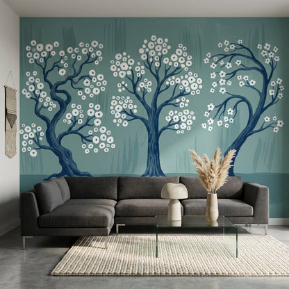 Stylized Trees Wallpaper White Blossoms Teal Blue Background Wall Mural