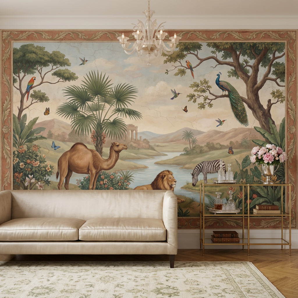 Tropical Landscape Wallpaper Safari Animals River Valley Removable Wall Decor