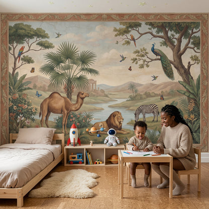 Tropical Landscape Wallpaper Safari Animals River Valley Removable Wall Decor