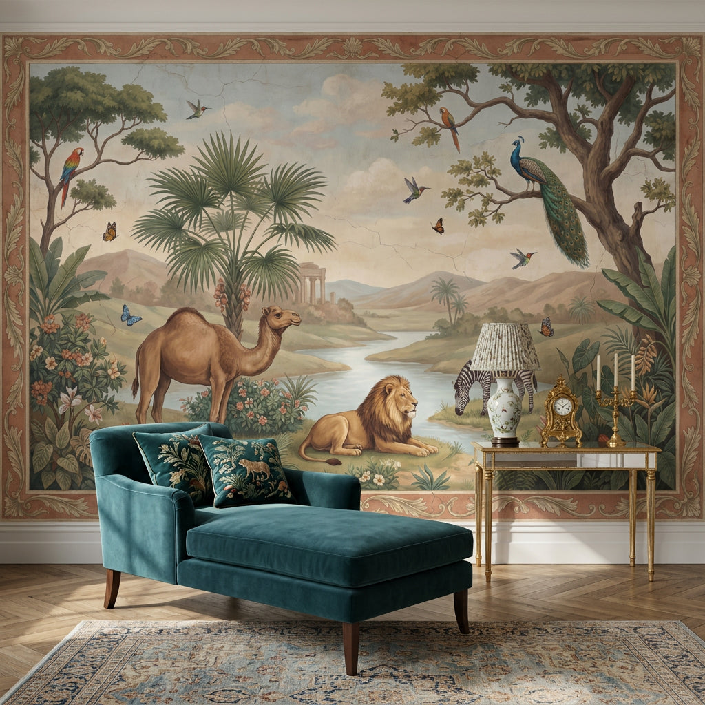 Tropical Landscape Wallpaper Safari Animals River Valley Removable Wall Decor