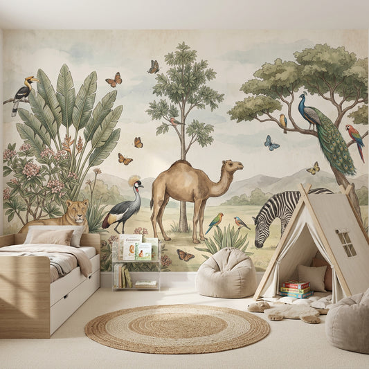 Safari Landscape Wallpaper Vintage Illustration Removable Savanna Animals Wall Decor