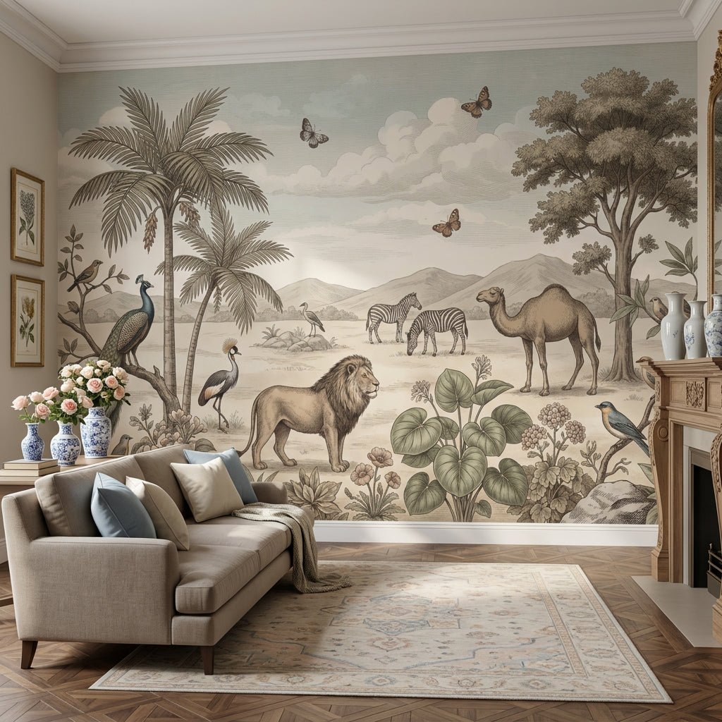 Vintage Safari Wallpaper Savanna Landscape Lion Wall Mural
