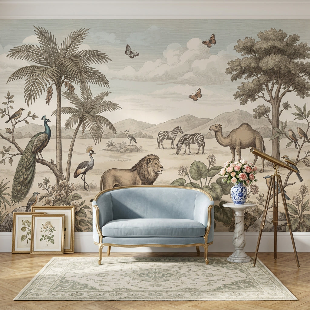 Vintage Safari Wallpaper Savanna Landscape Lion Wall Mural