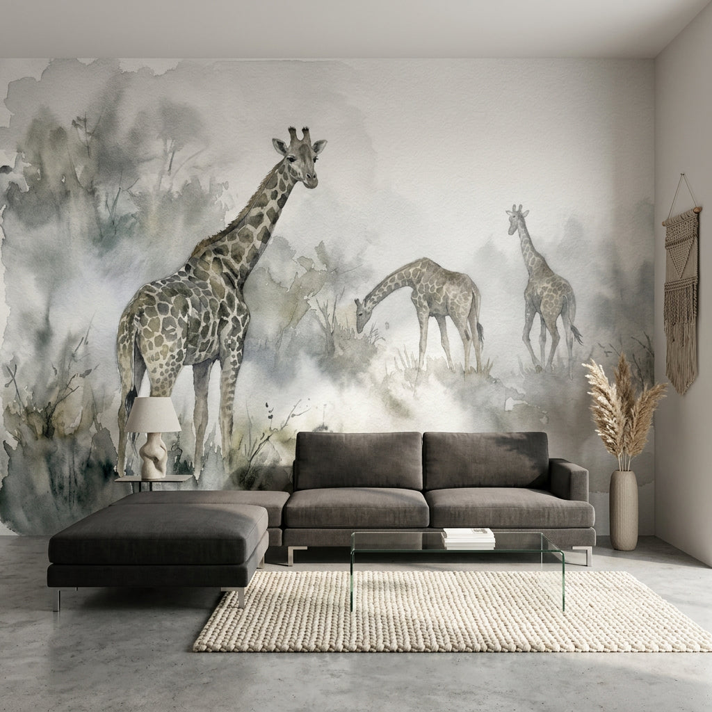 Watercolor Wallpaper Giraffes Misty Wall Mural