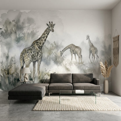 Watercolor Wallpaper Giraffes Misty Wall Mural