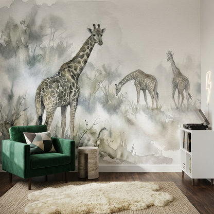 Watercolor Wallpaper Giraffes Misty Wall Mural