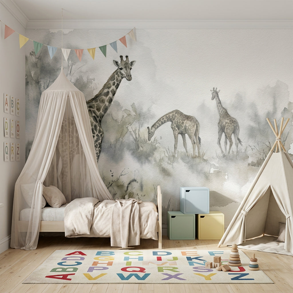 Watercolor Wallpaper Giraffes Misty Wall Mural