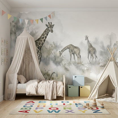 Watercolor Wallpaper Giraffes Misty Wall Mural