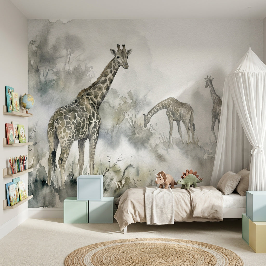 Watercolor Wallpaper Giraffes Misty Wall Mural