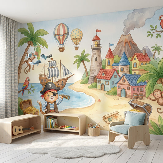 Pirate Island Wallpaper Coastal Landscape Removable Watercolor Illustration Wall Decor