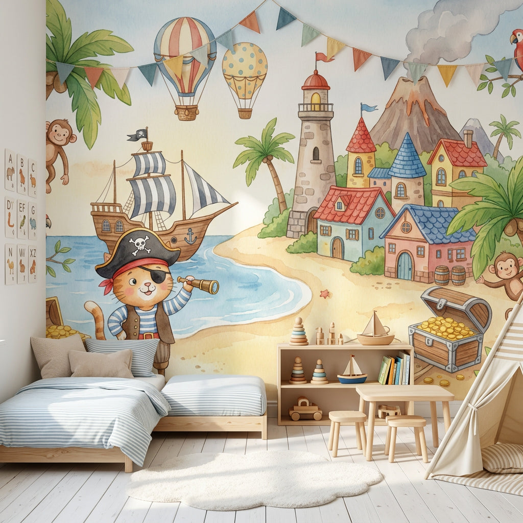 Pirate Island Wallpaper Coastal Landscape Removable Watercolor Illustration Wall Decor