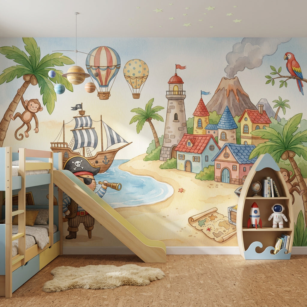 Pirate Island Wallpaper Coastal Landscape Removable Watercolor Illustration Wall Decor
