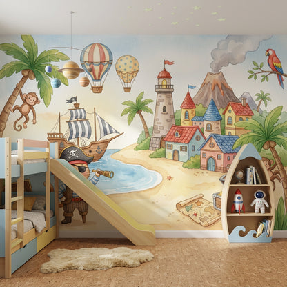 Pirate Island Wallpaper Coastal Landscape Removable Watercolor Illustration Wall Decor