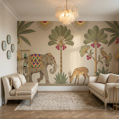 Decorative Elephant Wallpaper Beige Background Global Inspired Removable Wall Decor