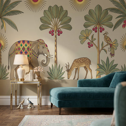 Decorative Elephant Wallpaper Beige Background Global Inspired Removable Wall Decor