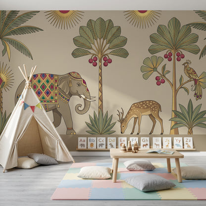 Decorative Elephant Wallpaper Beige Background Global Inspired Removable Wall Decor