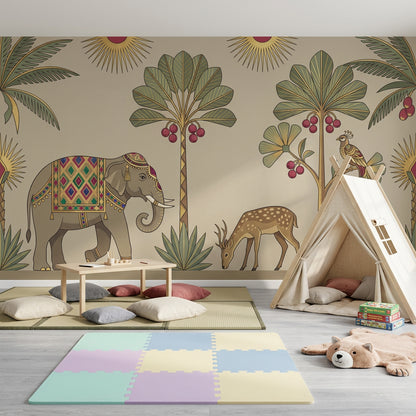 Decorative Elephant Wallpaper Beige Background Global Inspired Removable Wall Decor