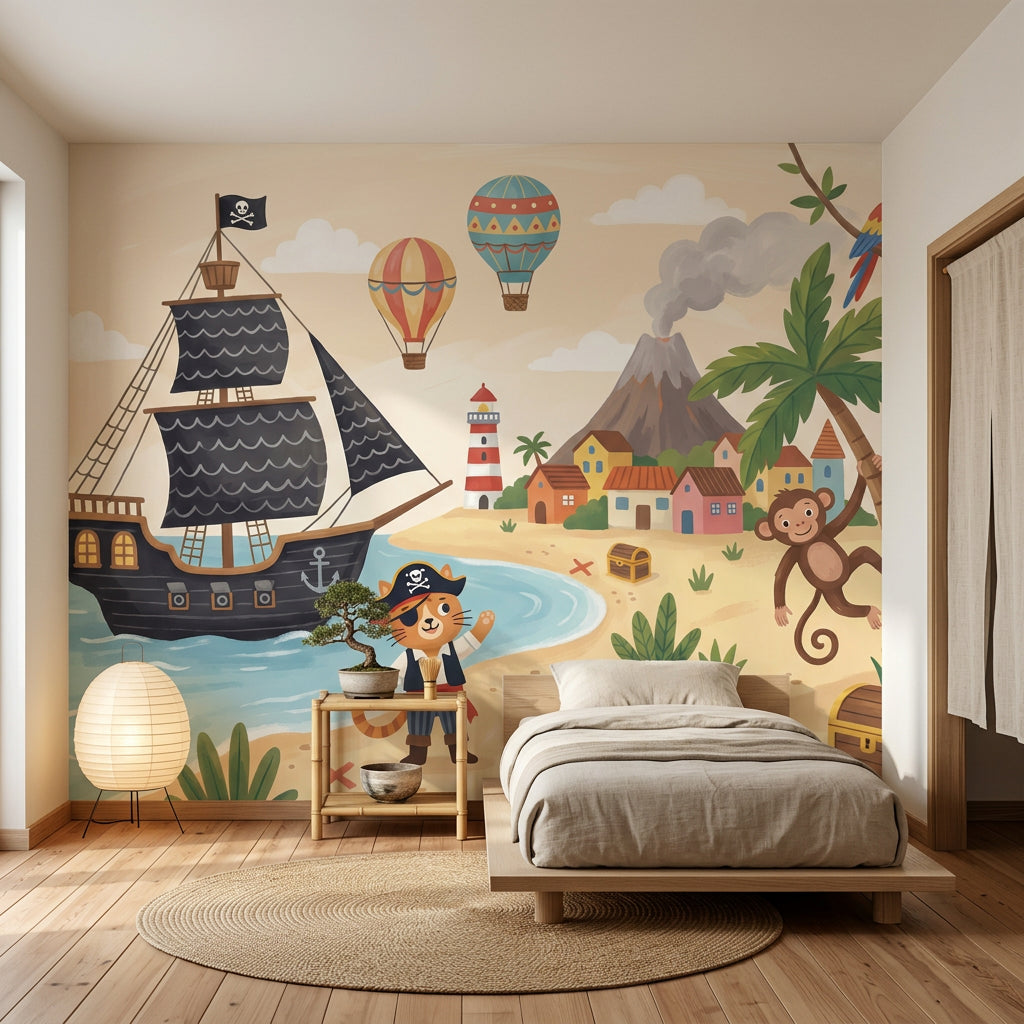 Tropical Pirate Wallpaper Beach Landscape Storybook Illustration Removable Wall Decor